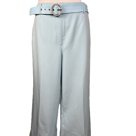 Rachel Zoe Light Blue Women's Flat Front Wide Leg Trousers with Pearl Belt Sz L - Picture 2 of 7